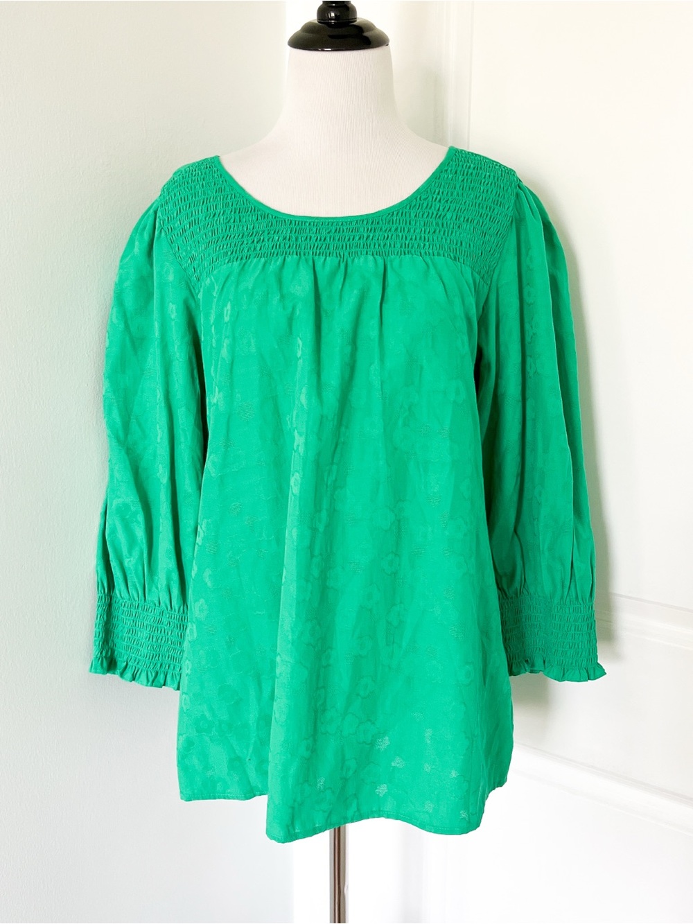 Karl Lagerfeld Green Smocked Yoke Peasant Blouse - Large